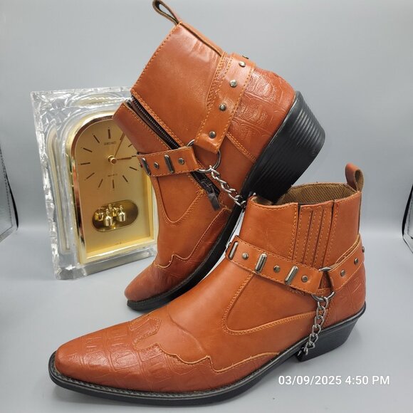 Western Biker Ankle Boot Chain Zip Vegan Friendly Size 42 UK 9 Men 11 Women - Picture 3 of 12